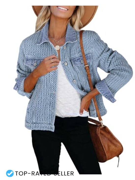 Jackets & Blazers - Distressed Button Down Long Sleeve Denim Jacket with Pockets